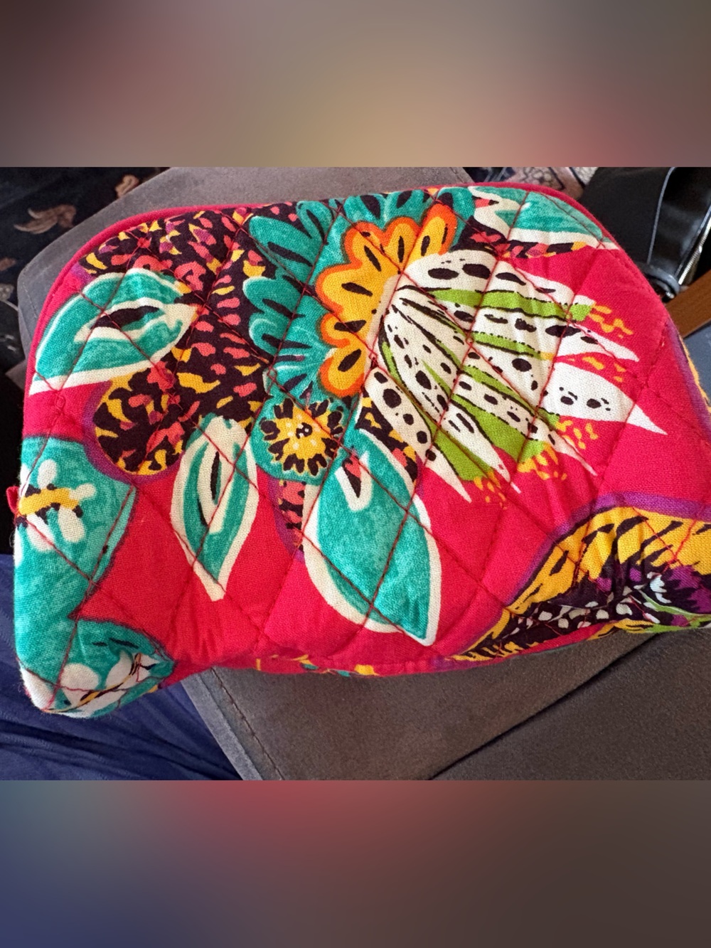 Vera Bradley, essentials bag , Quilted Floral Pouch , plastic lined , Red & Teal